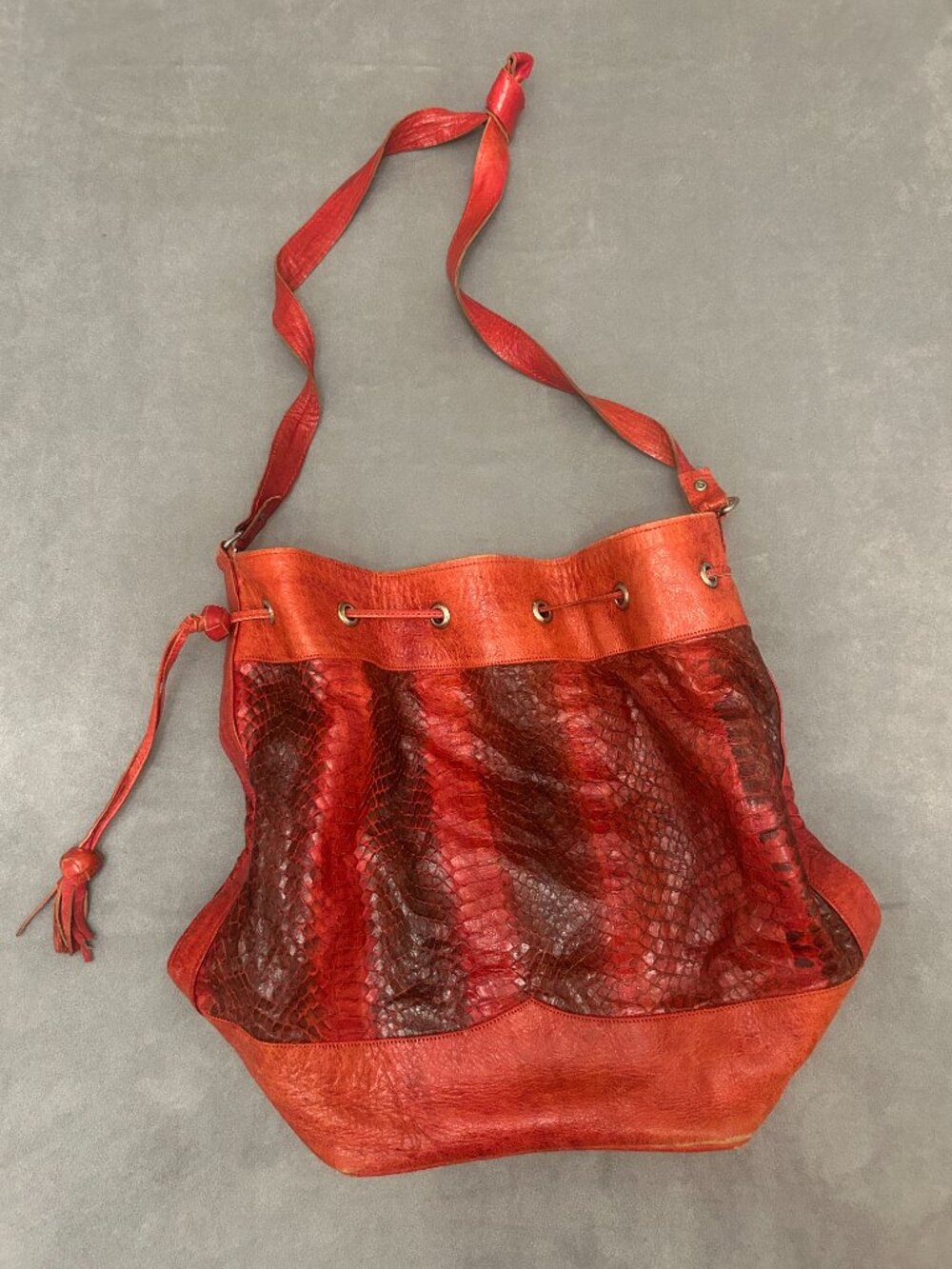 Vintage Genuine Snakeskin Leather Bag Red Exotic Bucket Bag Handmade Nigeria